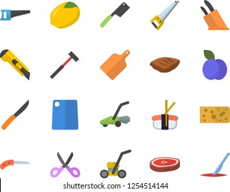 Color flat icon set saw flat vector, stationery knife, ax, knives, scissors, cutting board, lemon, cheese, chop, sashimi, plum, lawn mower, scalpel
