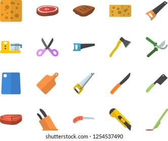 Color flat icon set saw flat vector, stationery knife, ax, knives, scissors, cutting board, food processor, chop, cheese, secateurs, scalpel