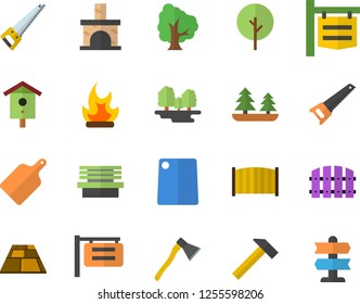 Color flat icon set saw flat vector, fence, flooring, ax, hammer, cutting board, nesting box, tree, bonfire, bench, fireplace, forest, signboard, pointer fector