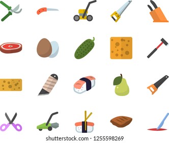 Color flat icon set saw flat vector, stationery knife, ax, knives, scissors, egg, cheese, chop, cucumber, sashimi, pear, secateurs, lawn mower, scalpel