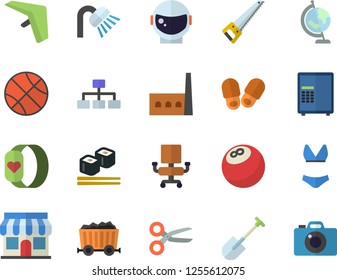 Color flat icon set saw flat vector, shower, fish rolls, shovel, manufactory, mining, store front, office chair, globe, classification, astronaut helmet fector, bowling ball, basketball, swimsuit