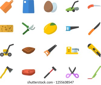 Color flat icon set saw flat vector, stationery knife, ax, knives, scissors, cutting board, food processor, egg, chop, lemon, cheese, secateurs, lawn mower, scalpel