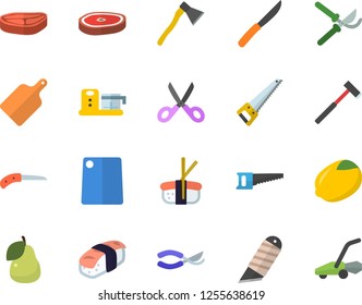 Color flat icon set saw flat vector, stationery knife, ax, knives, scissors, cutting board, food processor, chop, lemon, sashimi, pear, secateurs, lawn mower