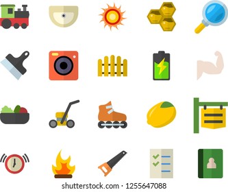 Color flat icon set saw flat vector, sink, putty knife, lemon, salad, honeycomb, fence, bonfire, lawn mower, battery, signboard, magnifier, to do list, muscles, roller Skates, train fector, sun