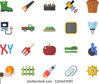 Color flat icon set saw flat vector, fence, bread, tomato, pickup truck, pitchfork, gumboots, rocket, investments, disabled, ultrasound, chromosomes, implant, clip, meeting, stapler, satellit, cpu