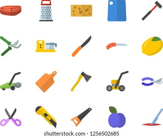 Color flat icon set saw flat vector, stationery knife, ax, knives, scissors, cutting board, food processor, grater, chop, lemon, cheese, plum, secateurs, lawn mower, scalpel