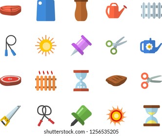 Color flat icon set saw flat vector, cutting board, jugful, chop, watering can, radiator, drawing pin, skipping rope, sun fector, scissors, hourglass