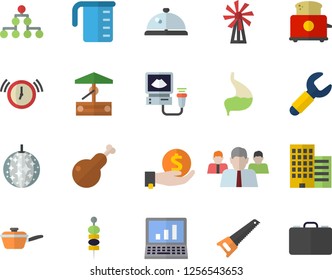 Color flat icon set saw flat vector, skyscraper, saute, meashuring cup, toaster, chicken, canape, windmill, well, wrench, investments, team, ultrasound, stomach, computer, classification, jingle