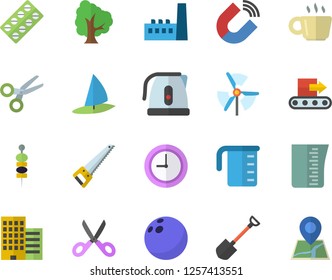 Color flat icon set saw flat vector, skyscraper, meashuring cup, electric kettle, scissors, canape, tree, shovel, manufactory, conveyor, magnet, pill packaging, coffee, clock, windmill, bowling ball