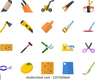 Color flat icon set saw flat vector, stationery knife, ax, knives, scissors, cutting board, food processor, lemon, cheese, sashimi, secateurs, lawn mower, scalpel