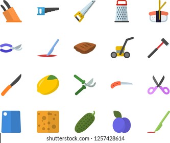 Color flat icon set saw flat vector, ax, knives, scissors, cutting board, grater, lemon, cheese, chop, cucumber, sashimi, plum, knife, secateurs, lawn mower, scalpel