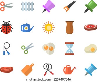 Color flat icon set saw flat vector, cutting board, jugful, chop, scrambled eggs, ladybird, watering can, radiator, drawing pin, skipping rope, sun fector, scissors, hourglass