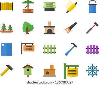 Color flat icon set saw flat vector, fence, ax, hammer, hiking pot, rolling pin, cutting board, well, nesting box, tree, bench, fireplace, forest, signboard, steering wheel