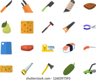 Color flat icon set saw flat vector, stationery knife, ax, knives, cutting board, food processor, chop, cheese, cucumber, sashimi, pear, secateurs, lawn mower