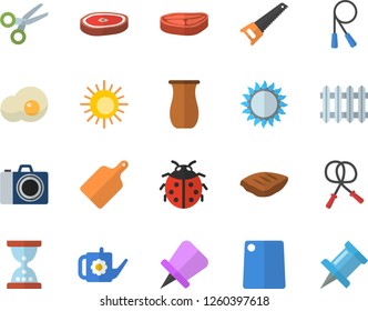 Color flat icon set saw flat vector, cutting board, gas, jugful, chop, scrambled eggs, ladybird, watering can, radiator, skipping rope, sun fector, camera, scissors, hourglass, drawing pin