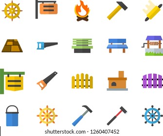 Color flat icon set saw flat vector, flooring, ax, hammer, hiking pot, rolling pin, well, fence, bonfire, bench, fireplace, signboard, steering wheel fector