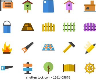 Color flat icon set saw flat vector, fence, flooring, hammer, hiking pot, rolling pin, cutting board, nesting box, tree, bonfire, fireplace, signboard, pointer fector, steering wheel