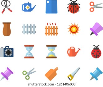 Color flat icon set saw flat vector, cutting board, jugful, ladybird, watering can, radiator, drawing pin, skipping rope, sun fector, camera, scissors, hourglass