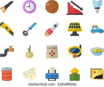 Color flat icon set saw flat vector, stationery knife, whisk, canned food, soup, cutlet, onion, popcorn, seeds, solar battery, main pipeline, rocket, crisis, implant, clock, printer, car fector