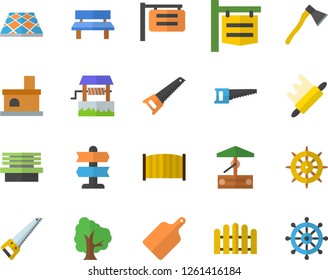 Color flat icon set saw flat vector, fence, flooring, ax, rolling pin, cutting board, well, tree, bench, fireplace, signboard, pointer fector, steering wheel