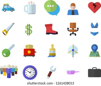 Color flat icon set saw flat vector, saute, toaster, paint brush, gumboots, wrench, person, dollar, team, clock, chat, coffee, office chair, windmill, swimsuit, car fector, key, heart, location