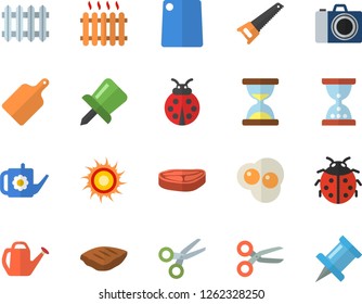 Color flat icon set saw flat vector, cutting board, chop, scrambled eggs, ladybird, watering can, radiator, drawing pin, sun fector, camera, scissors, hourglass