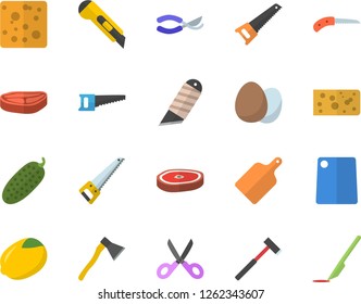 Color flat icon set saw flat vector, stationery knife, ax, scissors, cutting board, egg, chop, lemon, cheese, cucumber, secateurs, scalpel