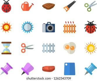 Color flat icon set saw flat vector, cutting board, gas, chop, scrambled eggs, ladybird, watering can, radiator, drawing pin, sun fector, camera, scissors, hourglass