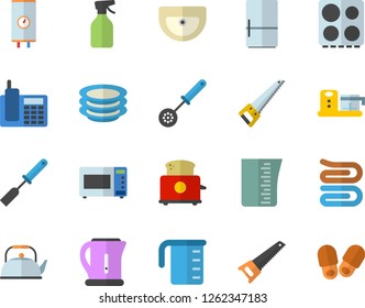 Color flat icon set saw flat vector, sink, boiler, meashuring cup, teapot, electric kettle, kitchen spatula, spoon, towel, stove, microwave, toaster, fridge, food processor, plates, pulverizer
