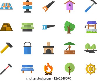 Color flat icon set saw flat vector, flooring, ax, hammer, hiking pot, well, nesting box, tree, bonfire, bench, fireplace, forest, pointer fector, steering wheel