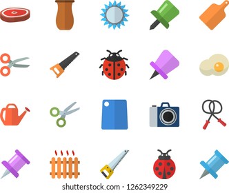 Color flat icon set saw flat vector, cutting board, gas, jugful, chop, scrambled eggs, ladybird, watering can, radiator, drawing pin, skipping rope, camera fector, scissors