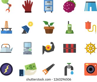 Color flat icon set saw flat vector, tile, teapot, blackberry, home plant, water tap, gloves, oil production platform, solar battery, investments, medical warmer, telephone, archive, robot hand