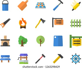 Color flat icon set saw flat vector, fence, flooring, ax, hammer, hiking pot, rolling pin, cutting board, well, tree, bonfire, bench, fireplace, signboard, steering wheel