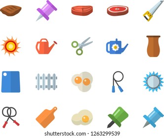 Color flat icon set saw flat vector, cutting board, gas, jugful, chop, scrambled eggs, watering can, radiator, drawing pin, skipping rope, sun fector, scissors