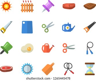 Color flat icon set saw flat vector, cutting board, gas, chop, scrambled eggs, watering can, radiator, drawing pin, skipping rope, sun fector, scissors, hourglass