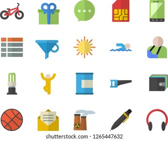 Color flat icon set saw flat vector, sun, energy saving lamp, SIM card, funnel, purse, present, injury, pen, nuclear power plant, basketball, bicycle, swimming, gymnastics, proteins, menu, message