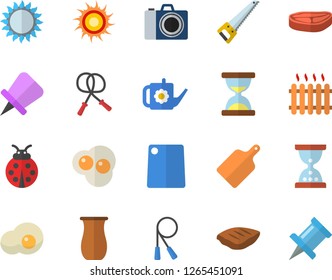 Color flat icon set saw flat vector, cutting board, gas, jugful, chop, scrambled eggs, ladybird, watering can, radiator, skipping rope, sun fector, camera, hourglass, drawing pin