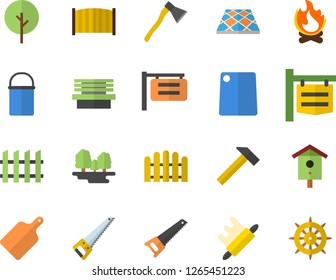 Color flat icon set saw flat vector, fence, flooring, ax, hammer, hiking pot, rolling pin, cutting board, nesting box, tree, bonfire, bench, forest, signboard, steering wheel