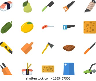 Color flat icon set saw flat vector, stationery knife, ax, knives, cutting board, lemon, cheese, chop, cucumber, sashimi, pear, lawn mower