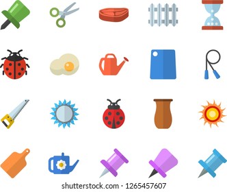 Color flat icon set saw flat vector, cutting board, gas, jugful, chop, scrambled eggs, ladybird, watering can, radiator, drawing pin, skipping rope, sun fector, scissors, hourglass