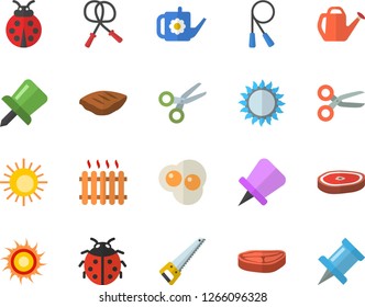 Color flat icon set saw flat vector, gas, chop, scrambled eggs, ladybird, watering can, radiator, drawing pin, skipping rope, sun fector, scissors