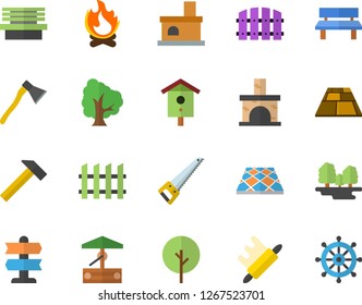 Color flat icon set saw flat vector, fence, flooring, ax, hammer, rolling pin, well, nesting box, tree, bonfire, bench, fireplace, forest, pointer fector, steering wheel