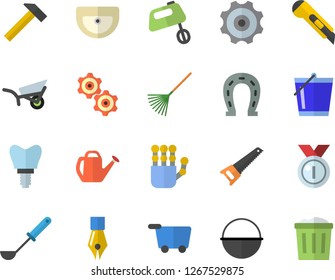 Color flat icon set saw flat vector, sink, stationery knife, hammer, cauldron, ladle, mixer, horseshoe, rake, watering can, bucketful, garden wheelbarrow, implant, ink pen, robot hand, cogwheel