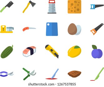 Color flat icon set saw flat vector, stationery knife, ax, knives, cutting board, food processor, egg, grater, lemon, cheese, chop, cucumber, sashimi, plum, secateurs, scalpel