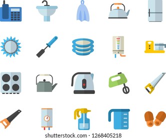 Color flat icon set saw flat vector, sink, boiler, meashuring cup, teapot, electric kettle, kitchen spatula, towel, stove, gas, mixer, fridge, food processor, plates, pulverizer, telephone