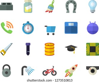 Color flat icon set saw flat vector, shower, brick, horseshoe, paint brush, oil tanks, motherboard, grocery trolley, phone call, medical analysis, tie, rocket, bulb, bachelor cap, weight, bicycle