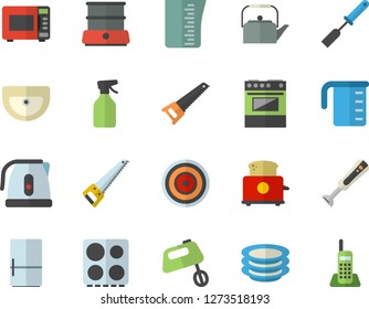 Color flat icon set saw flat vector, sink, meashuring cup, teapot, electric kettle, kitchen spatula, stove, induction cooker, microwave, toaster, mixer, double boiler, blender, fridge, plates