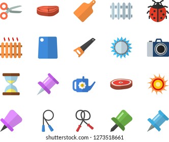 Color flat icon set saw flat vector, cutting board, gas, chop, ladybird, watering can, radiator, drawing pin, skipping rope, sun fector, camera, scissors, hourglass