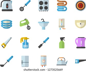 Color flat icon set saw flat vector, sink, boiler, teapot, electric kettle, ladle, kitchen spatula, spoon, towel, stove, induction cooker, mixer, fridge, plates, pulverizer