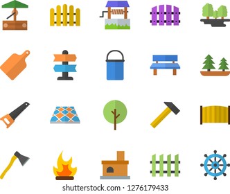 Color flat icon set saw flat vector, fence, flooring, ax, hammer, hiking pot, cutting board, well, tree, bonfire, bench, fireplace, forest, pointer fector, steering wheel